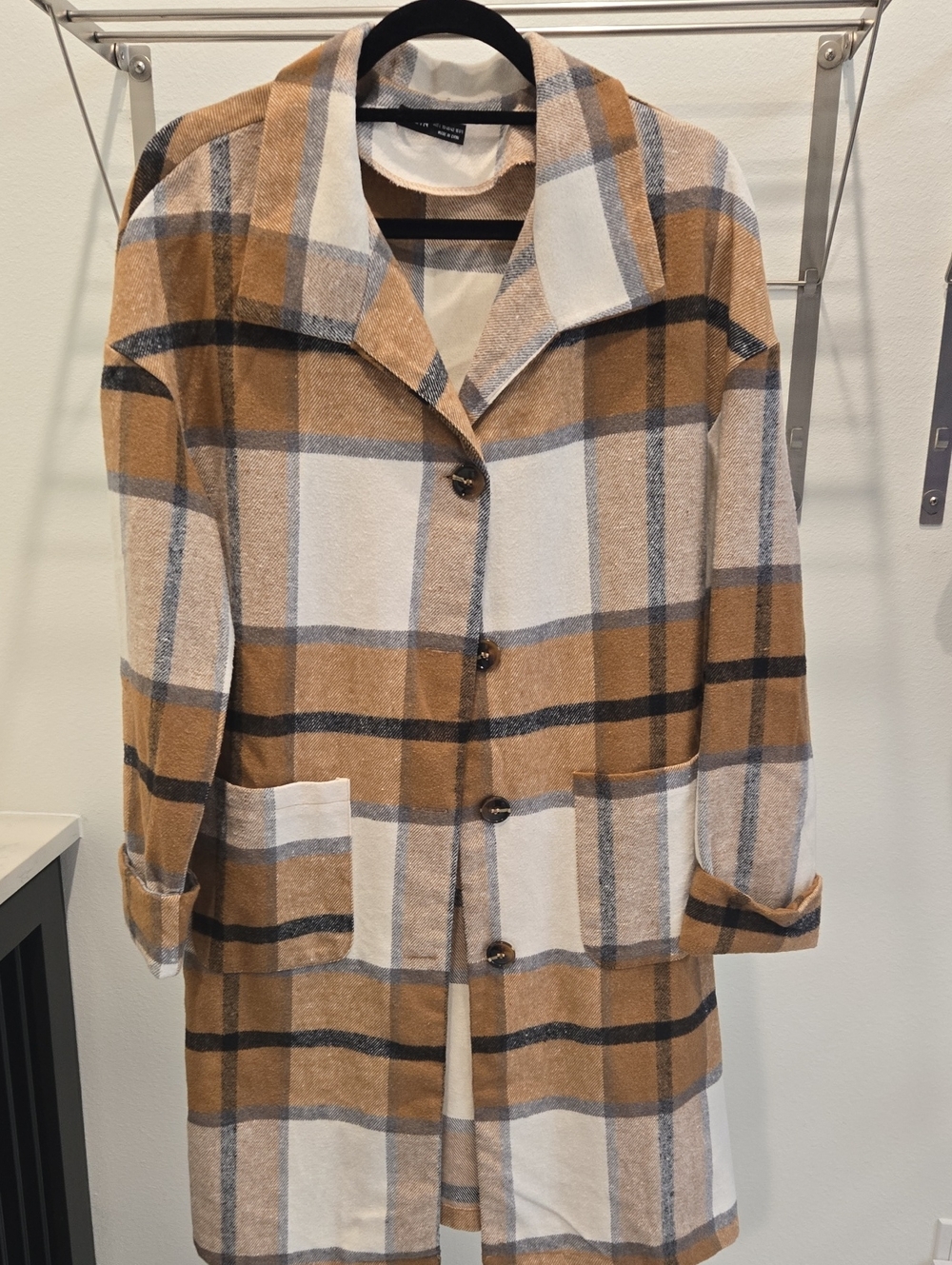 SHEIN Camel and White Plaid Single-Breasted Coatigan